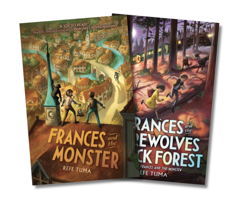 Frances and the Monster book cover shows two children running through a town. Frances and the Werewolves of the Black Forest shows children running through a woods