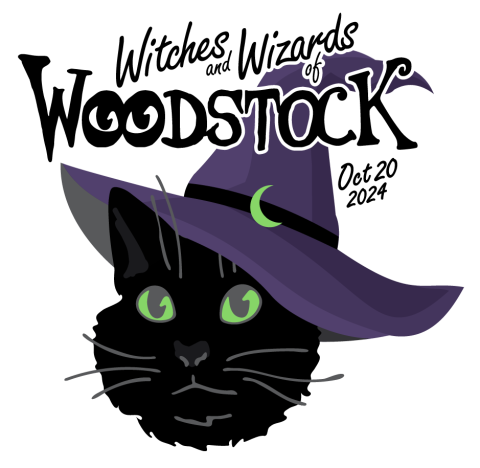 Witches & Wizards logo.  Black cat with a purple wizard hat.