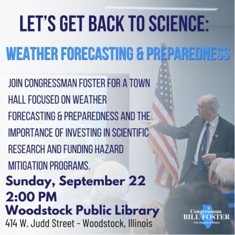 Advertisement image for Bill Foster presentation on weather forecasting.