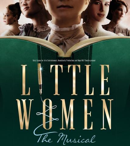 Image of women reading an open book titled Little Women The Musical.