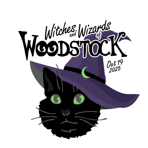 Witches and Wizards logo.  A black cat with green eyes wearing a purple wizard hat.