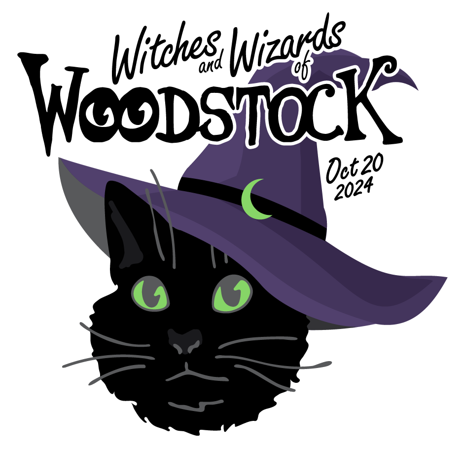 Witches & Wizards logo.  Black cat with a purple wizard hat.