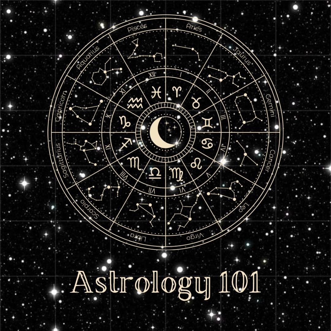 Image of an astrology chart set against stars in the background.