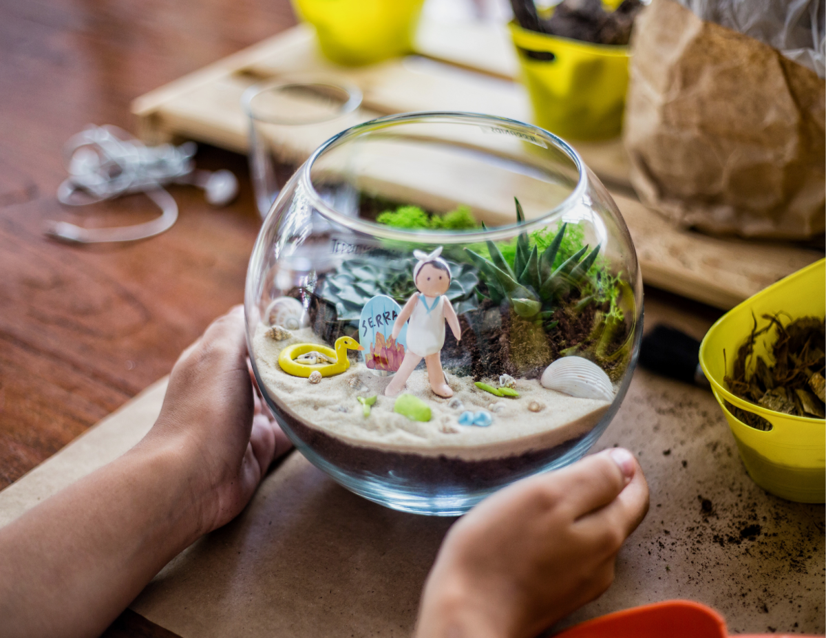 Photograph of someone holding a glass bowl terrarium.